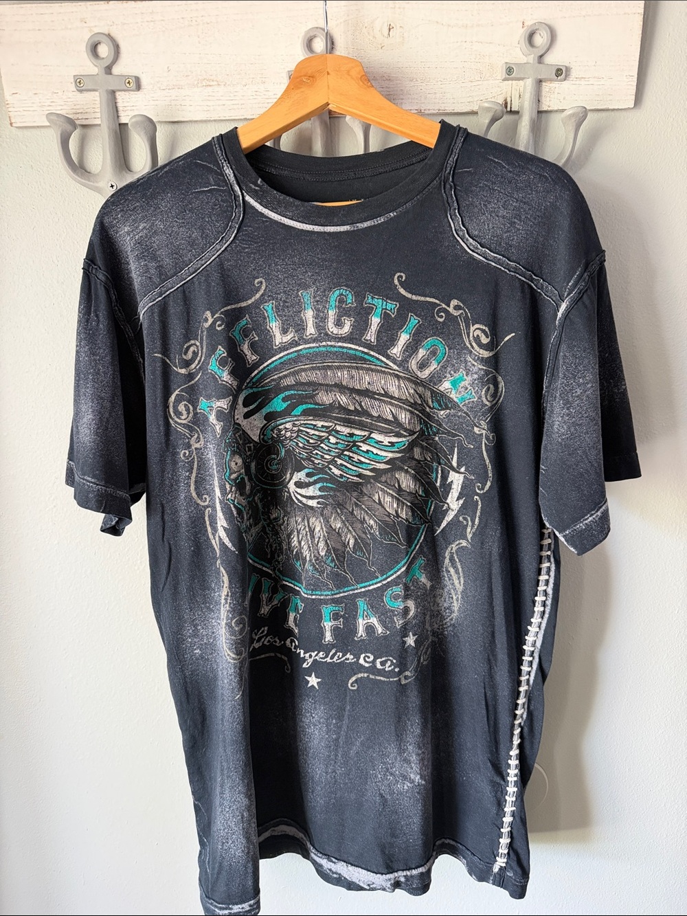 Affliction Men’s Black Graphic Tee with Teal and Gray Design